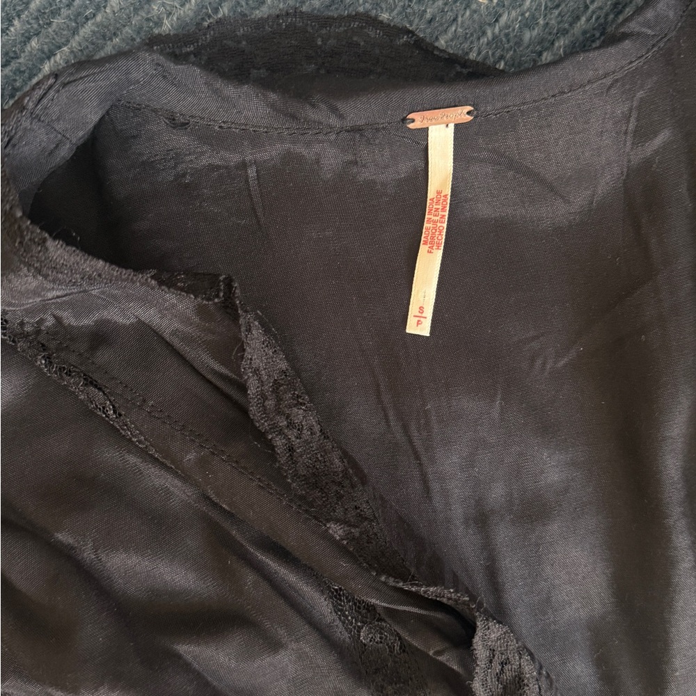 Free People Black Satin Lace-Trim Tie Front Blouse - Picture 2 of 2